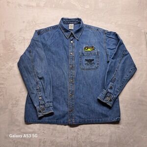 Rainforest Cafe Denim Shirt Mens M Blue Excellent MGM Grand Las Vegas Frog Logo